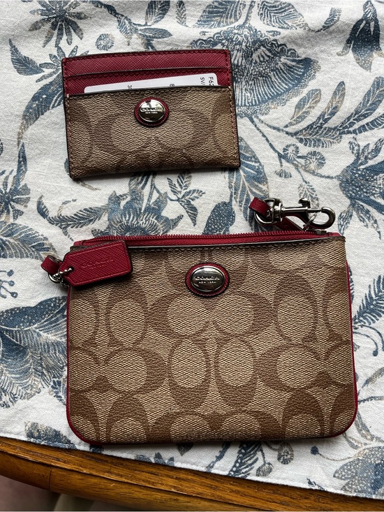 Coach Handbags - Coach Brown Signature Canvas Wristlet with Red Trim and Card Case